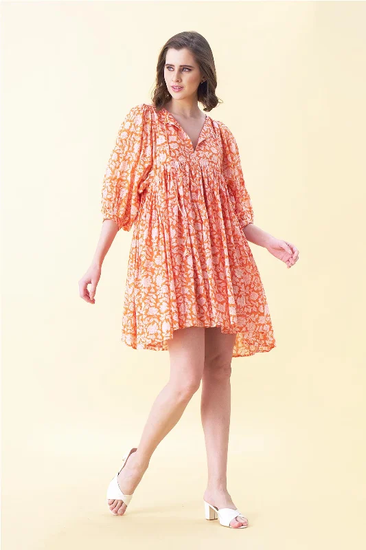 Ava Printed Mini Dress - Orange Stylish Sweetheart Neck Mini Dress