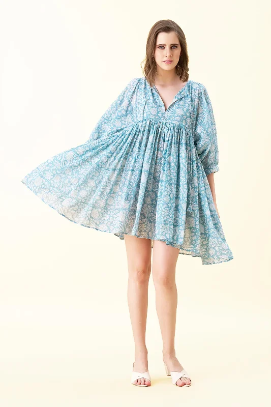 Ava Printed Mini Dress - Powder Blue Cozy Satin Mini Dress