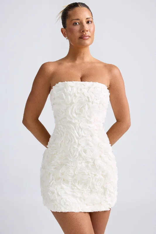 Floral-Appliqué Bandeau A-Line Mini Dress in White Cozy Ruched Mini Dress