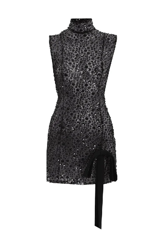 BLACK FLOWER EMBROIDERED BOW MINI DRESS Cozy Satin Mini Dress