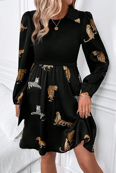 Blue Zone Planet |  Animal Collared Neck Balloon Sleeve Mini Dress Fashionable Lace-Trim Mini Dress