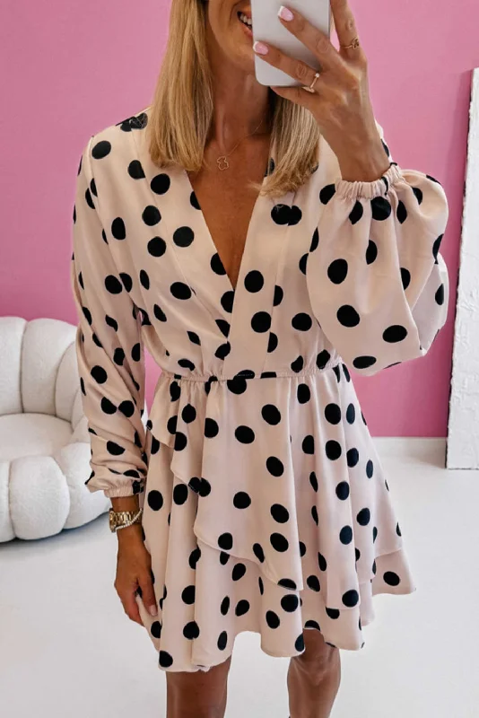 Blue Zone Planet | Beige Polka Dot Print Surplice V Neck Puff Sleeve Mini Dress Fashionable Denim Mini Dress Blue Zone Planet | Beige Polka Dot Print Surplice V Neck Puff Sleeve Mini Dress Fashionable Denim Mini Dress