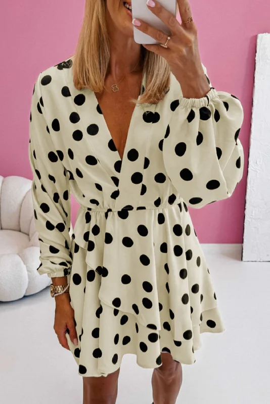 Blue Zone Planet | Beige Polka Dot Printed Surplice V Neck Puff Sleeve Mini Dress Trendy Mini Dress with Belt Blue Zone Planet | Beige Polka Dot Printed Surplice V Neck Puff Sleeve Mini Dress Trendy Mini Dress with Belt