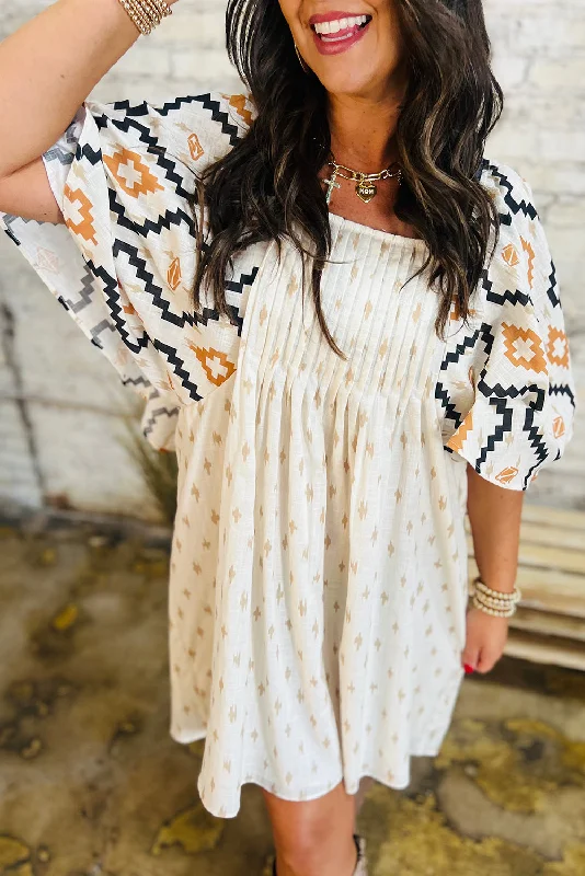 Blue Zone Planet |  Beige Western Aztec Print Pleated Square Neck Loose Mini Dress Classic Black Mini Dress