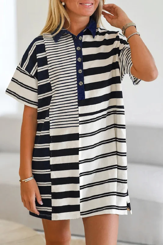Blue Zone Planet | Black Striped Patchwork Collared Mini Dress Cozy Satin Mini Dress Blue Zone Planet | Black Striped Patchwork Collared Mini Dress Cozy Satin Mini Dress