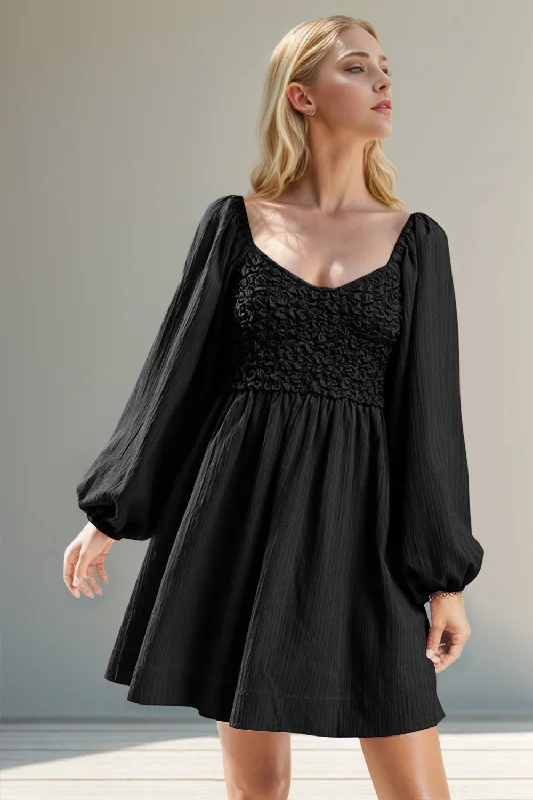 Blue Zone Planet | Double Take Texture Smocked Balloon Sleeve Mini Dress Fashionable Off-Shoulder Mini Dress Blue Zone Planet | Double Take Texture Smocked Balloon Sleeve Mini Dress Fashionable Off-Shoulder Mini Dress