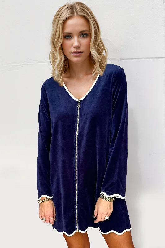 Blue Zone Planet | Double Take Wave Contrast Trim V-Neck Zip Up Long Sleeve Mini Dress Casual Button-Up Mini Dress Blue Zone Planet | Double Take Wave Contrast Trim V-Neck Zip Up Long Sleeve Mini Dress Casual Button-Up Mini Dress