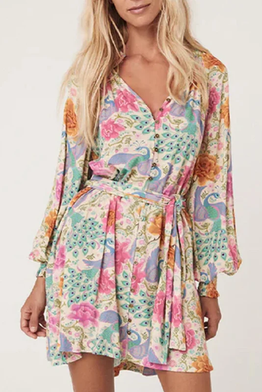 Blue Zone Planet | Multicolour Floral Print Bubble Sleeve Buttoned V Neck Mini Dress Comfortable Casual Mini Dress Blue Zone Planet | Multicolour Floral Print Bubble Sleeve Buttoned V Neck Mini Dress Comfortable Casual Mini Dress