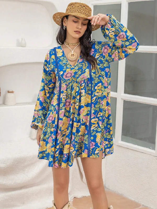 Blue Zone Planet | Printed V-Neck Balloon Sleeve Mini Dress Comfortable Linen Mini Dress Blue Zone Planet | Printed V-Neck Balloon Sleeve Mini Dress Comfortable Linen Mini Dress