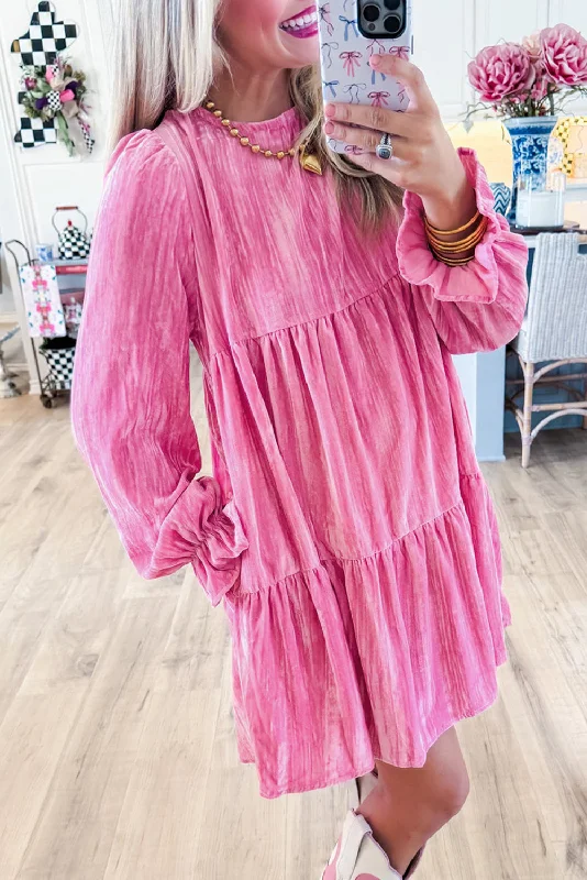 Blue Zone Planet | Strawberry Pink Flounce Sleeve Tiered Ruffled Velvet Mini Dress Fashionable Mini Dress with Pockets Blue Zone Planet | Strawberry Pink Flounce Sleeve Tiered Ruffled Velvet Mini Dress Fashionable Mini Dress with Pockets