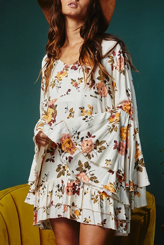 Blue Zone Planet | White Printed Floral Print Layered Sleeve Mini Dress Classic Floral Print Mini Dress Blue Zone Planet | White Printed Floral Print Layered Sleeve Mini Dress Classic Floral Print Mini Dress