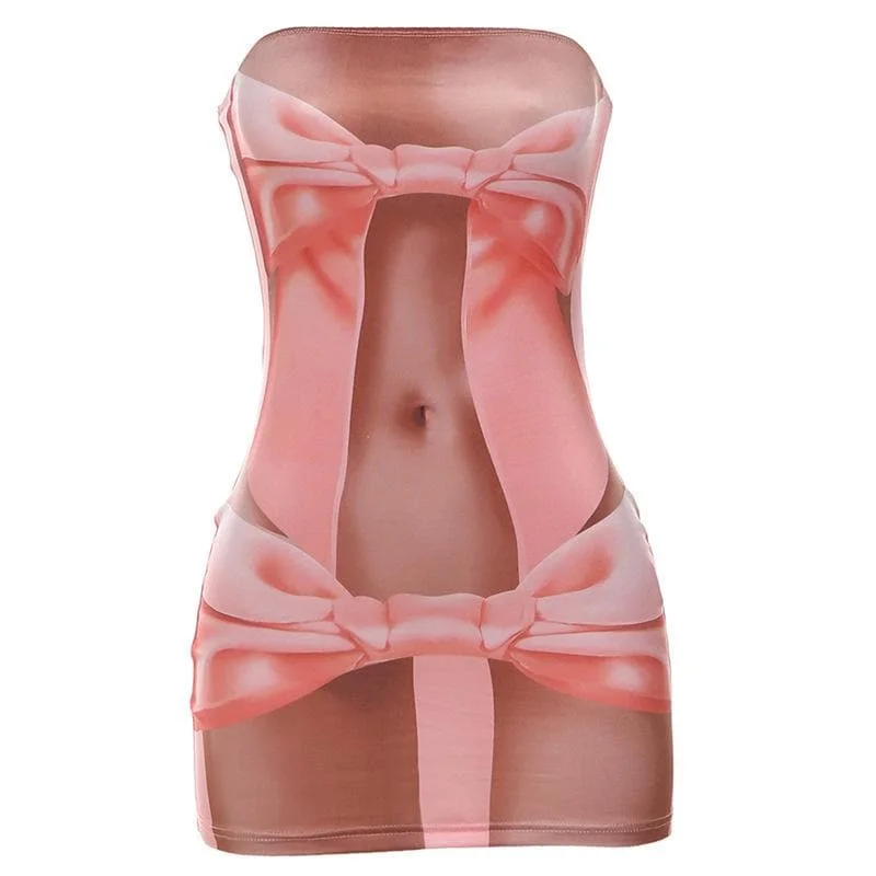 Bowknot print backless contrast tube mini dress Stylish Sweetheart Mini Dress