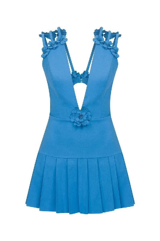 BUTTERCUP BLUE FLORAL MINI DRESS Fashionable Lace-Trim Mini Dress