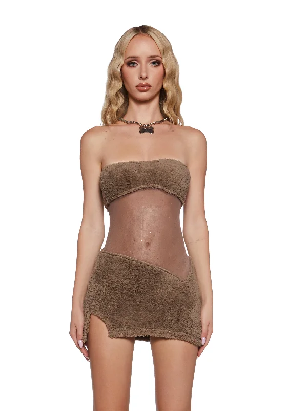 Call My Bluff Mini Dress - Mocha Stylish Sweetheart Neck Mini Dress