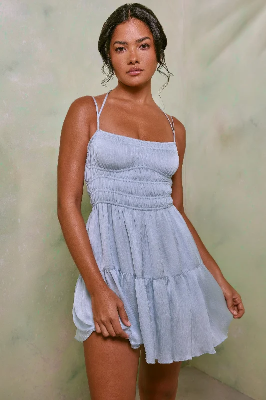 Shirred Bodice A-Line Mini Dress in Sky Grey Comfortable Boho Mini Dress