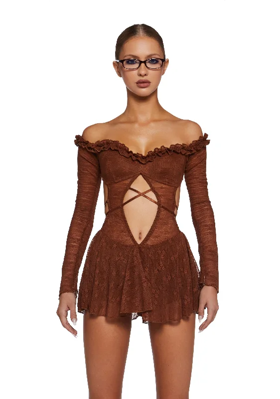 Collective Hearts Mini Dress - Brown Comfortable Off-Shoulder Mini Dress