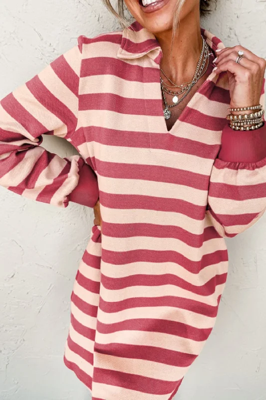 Blue Zone Planet |  Contrast Striped Johnny Collar Long Sleeve Mini Dress Fashionable Off-Shoulder Mini Dress