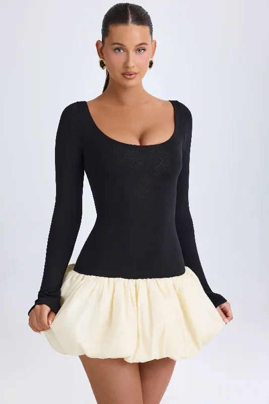 Scoop-Neck Drop-Waist Bubble Hem Mini Dress in Vanilla Comfortable Casual Mini Dress Scoop-Neck Drop-Waist Bubble Hem Mini Dress in Vanilla Comfortable Casual Mini Dress