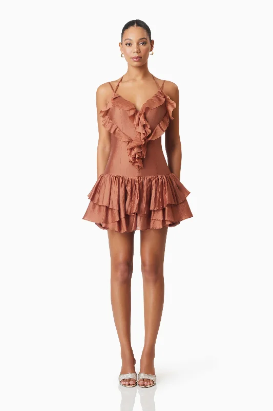 Fauna Party Mini Dress In Brown Fashionable Polka Dot Mini Dress