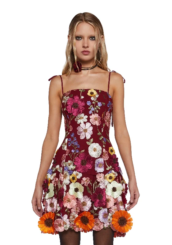 Floral Dreams Mini Dress - Burgundy Trendy A-Line Mini Dress