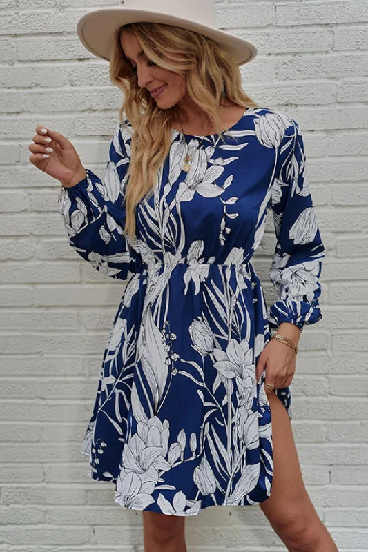 Floral Round Neck Balloon Sleeve Mini Dress Classic Striped Mini Dress