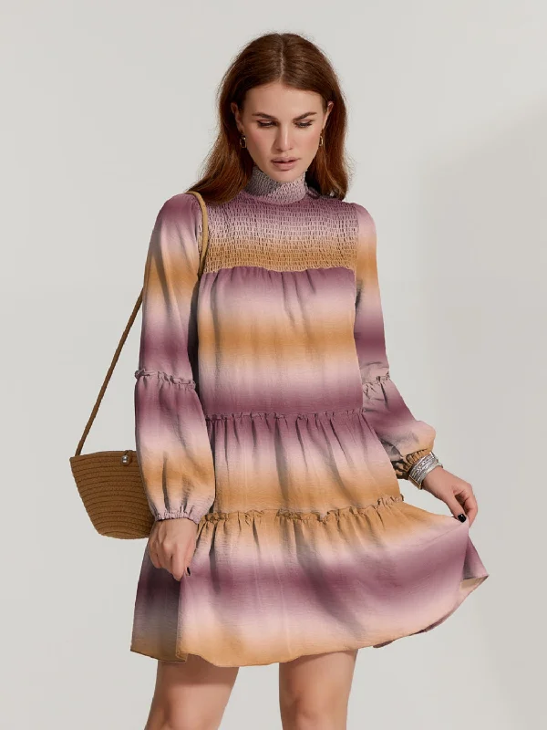 Frill Smocked Turtleneck Balloon Sleeve Mini Dress Elegant Satin Mini Dress