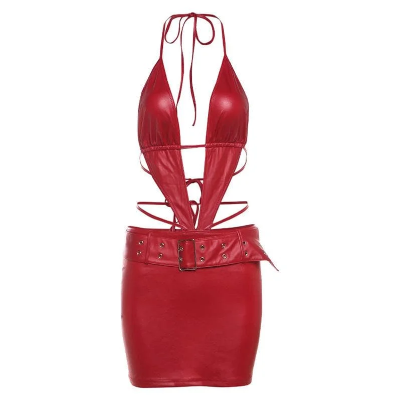Halter buckle deep PU leather v neck backless mini dress Classic Striped Mini Dress