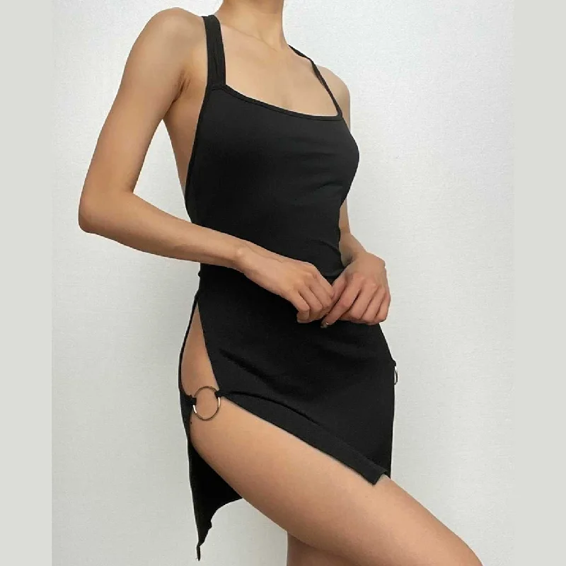 Halter slit o ring solid backless mini dress Stylish Sweetheart Mini Dress