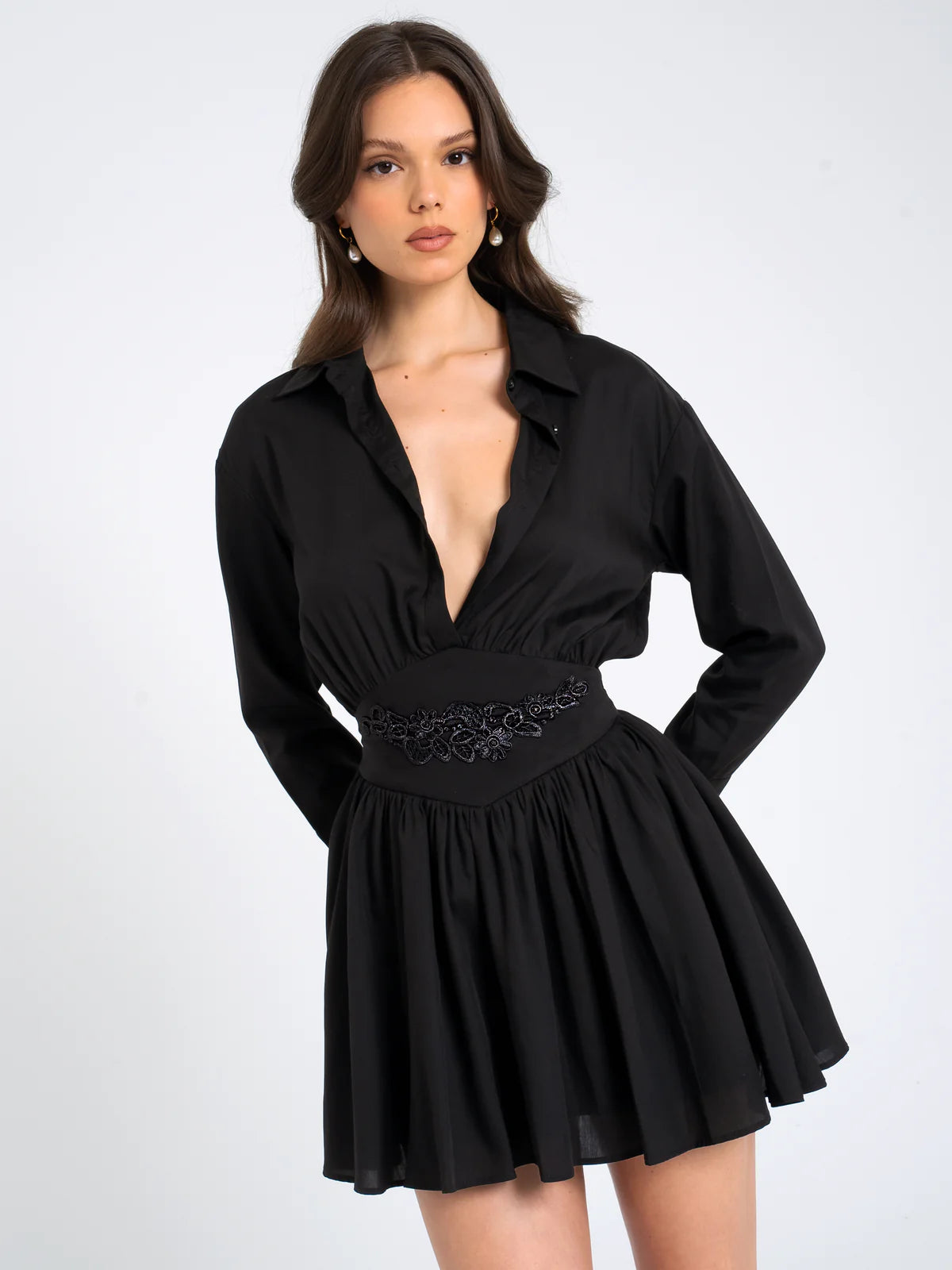 JAMILA BLACK SHIRT MINI DRESS Elegant Satin Lace Mini Dress