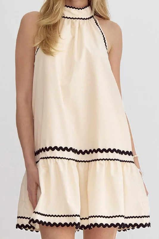 Blue Zone Planet | Khaki Striped Ricrac Sleeveless Mini Dress Comfortable Polka Dot Mini Dress Blue Zone Planet | Khaki Striped Ricrac Sleeveless Mini Dress Comfortable Polka Dot Mini Dress