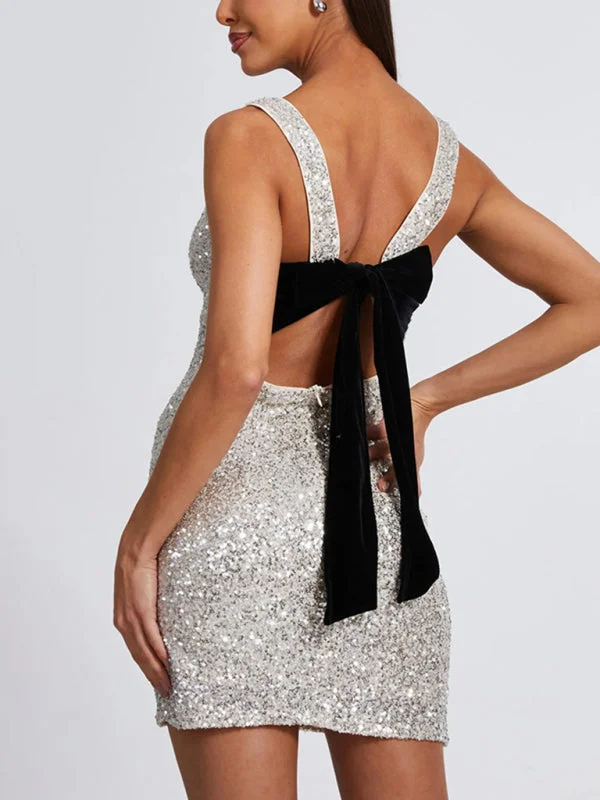 Blue Zone Planet | Laura's Sleeveless Fitted Backless Bow Sequin Mini Dress Chic Puff Sleeve Mini Dress Blue Zone Planet | Laura's Sleeveless Fitted Backless Bow Sequin Mini Dress Chic Puff Sleeve Mini Dress