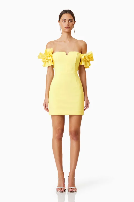 Nola Off The Shoulder Mini Dress In Yellow Fashionable Mini Dress with Frills
