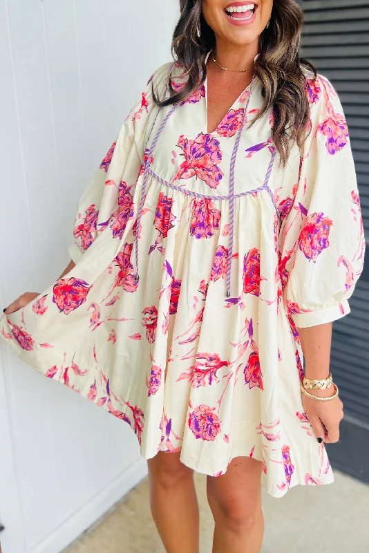 Blue Zone Planet |  Pink Floral Print Balloon Sleeve V Neck Babydoll Mini Dress Chic Bohemian Mini Dress