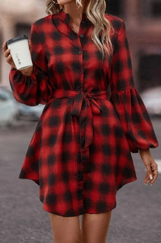 Plaid Tie Waist Balloon Sleeve Mini Dress Elegant Mini Dress with Ruffles