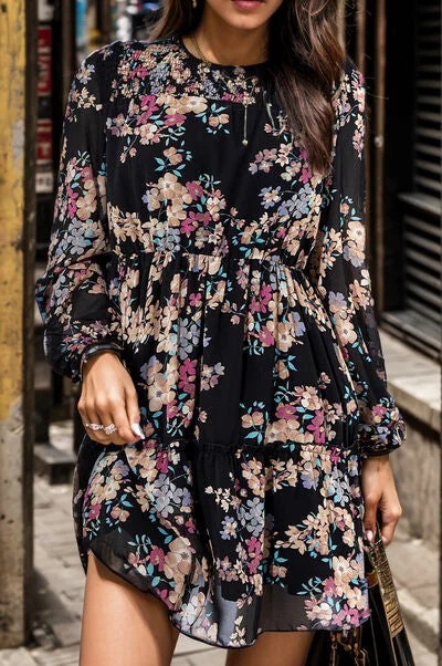 Blue Zone Planet | Printed Round Neck Balloon Sleeve Mini Dress Stylish Floral Print Mini Dress Blue Zone Planet | Printed Round Neck Balloon Sleeve Mini Dress Stylish Floral Print Mini Dress