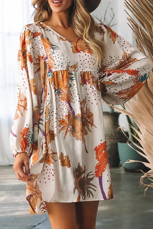 Blue Zone Planet |  Printed V-Neck Balloon Sleeve Mini Dress Trendy Tulle Mini Dress