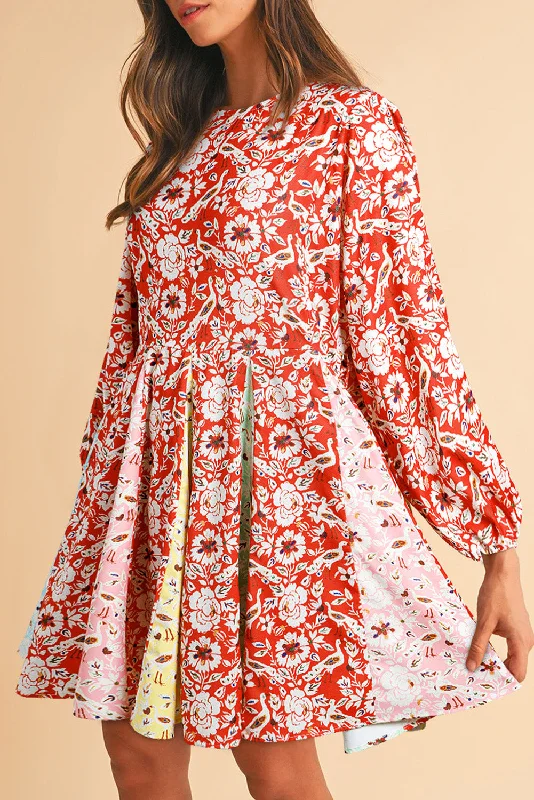 Blue Zone Planet |  Red Colorful Floral Patchwork Long Sleeve Pleated Mini Dress Elegant Mini Dress with Pleats