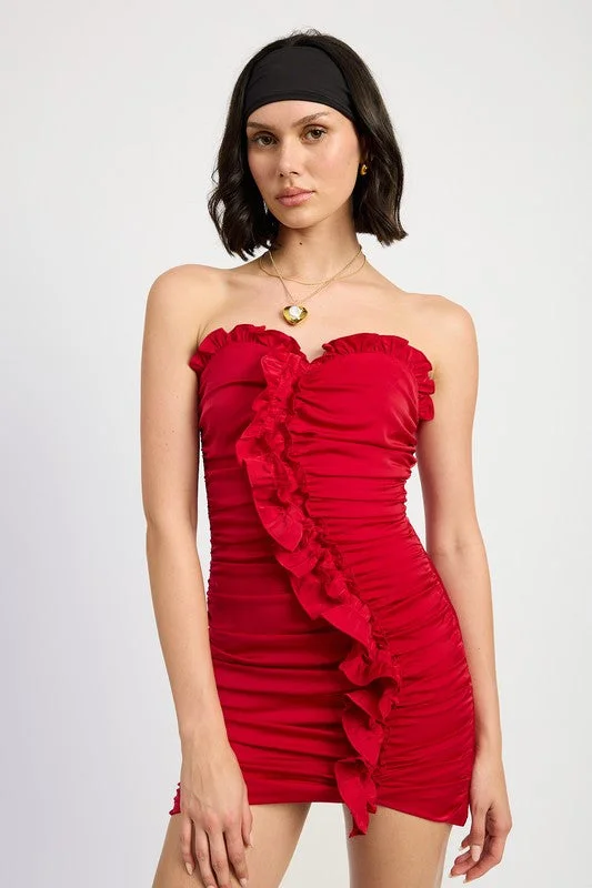 RUCHED RUFFLE MINI DRESS Fashionable Pleated Mini Dress