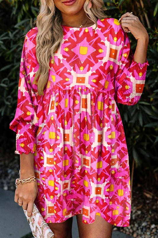 Blue Zone Planet | Strawberry Pink Geometric Print Smocked Long Sleeve Mini Dress Fashionable Boho-Chic Mini Dress Blue Zone Planet | Strawberry Pink Geometric Print Smocked Long Sleeve Mini Dress Fashionable Boho-Chic Mini Dress