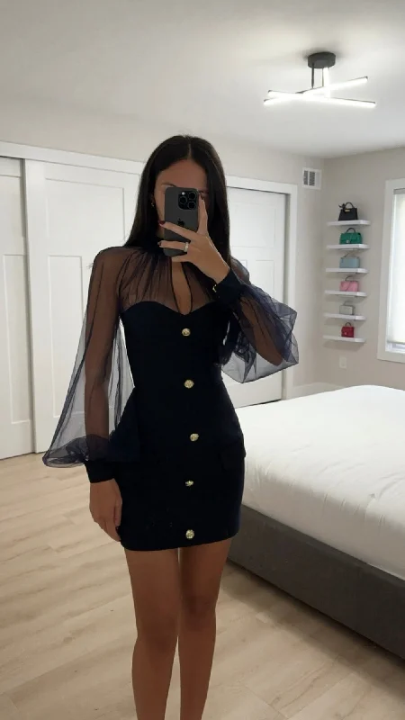Tabitha Navy Blue Mesh Lantern Sleeve Mini Dress Trendy Floral Mini Dress