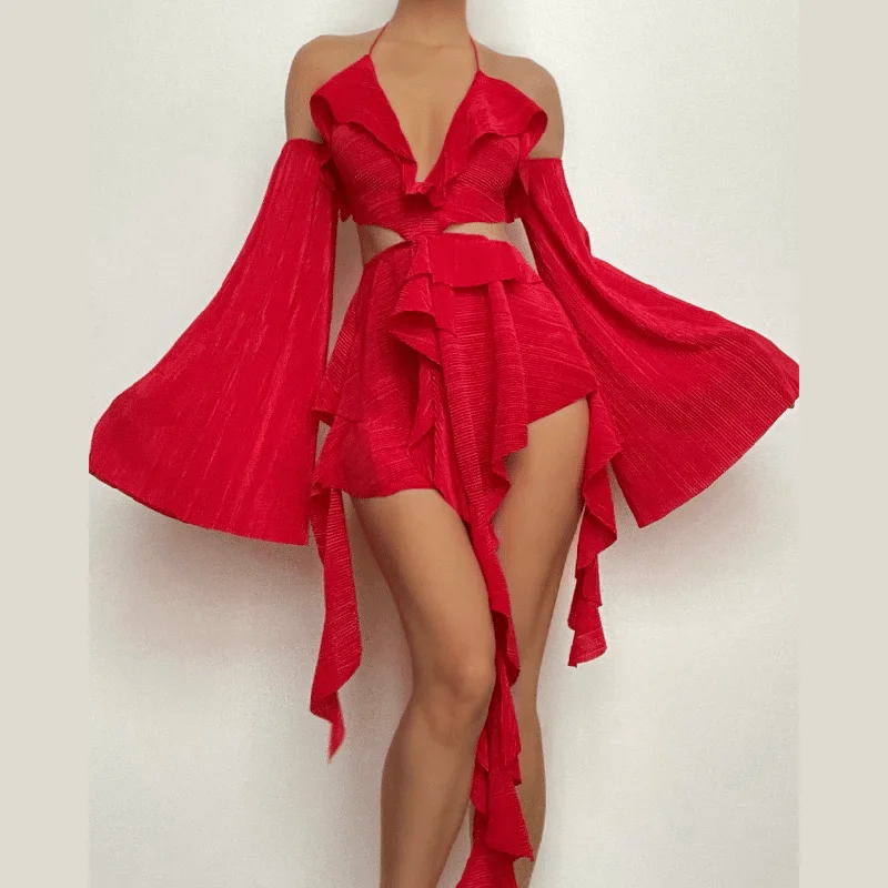Textured gloves ruffle solid hollow out halter backless cut out mini dress Chic Bohemian Mini Dress Textured gloves ruffle solid hollow out halter backless cut out mini dress Chic Bohemian Mini Dress