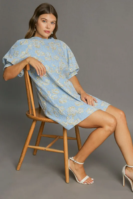 Umgee Floral Jacquard Puff Sleeve Mini Dress Elegant Lace-Up Mini Dress