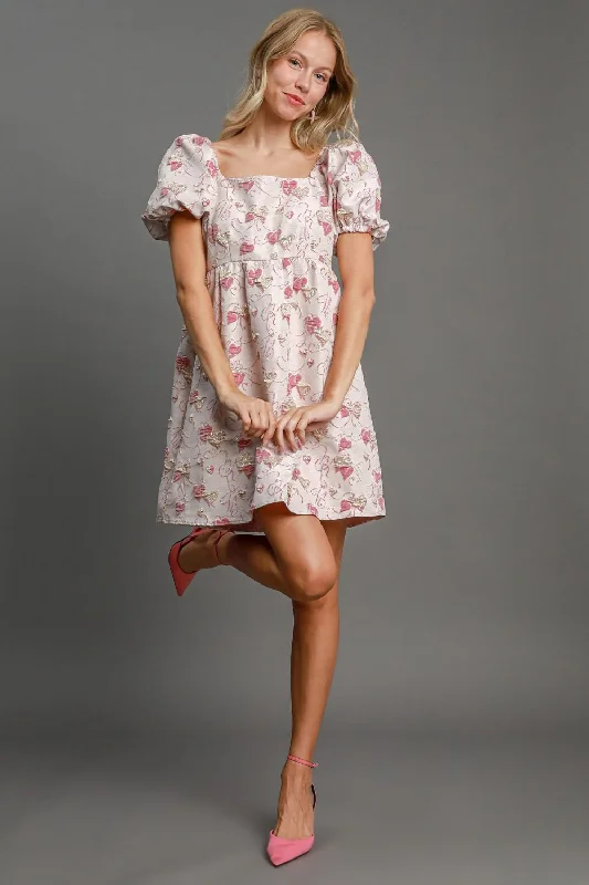 Umgee Heart Jacquard Square Neck Puff Sleeve Mini Dress Cozy A-Line Mini Dress