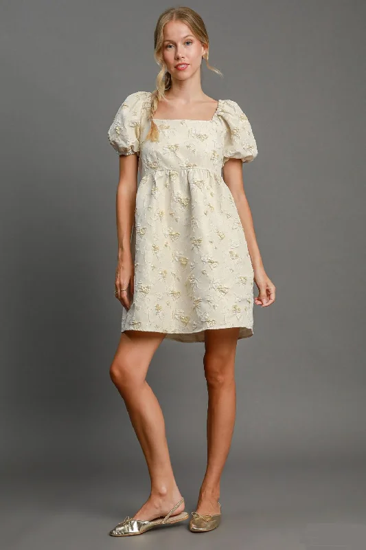 Umgee Heart Jacquard Square Neck Puff Sleeve Mini Dress Comfortable Bodycon Mini Dress