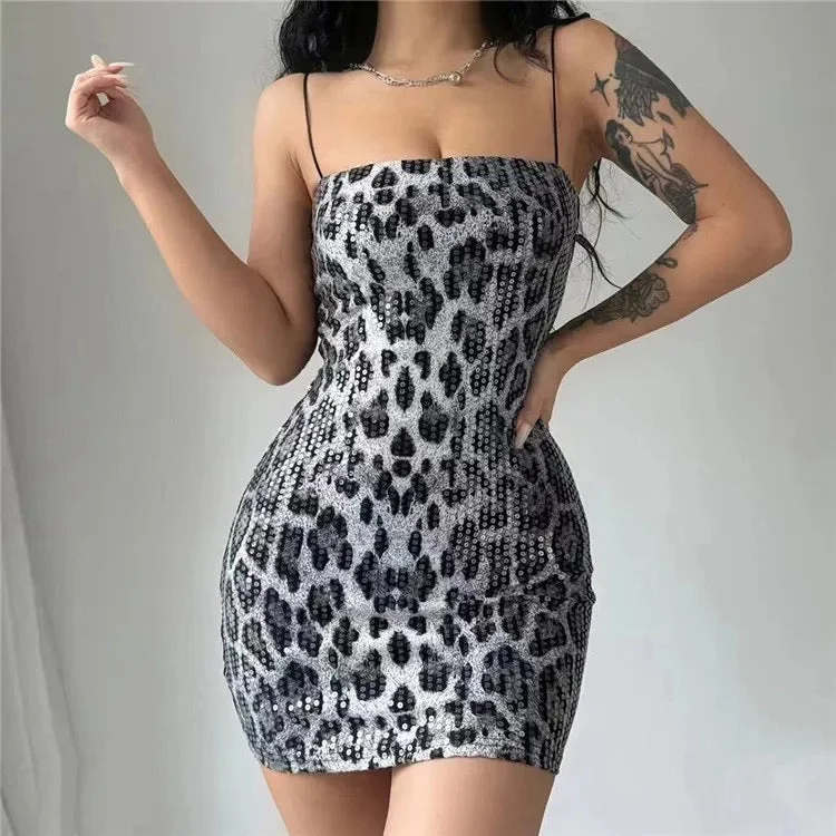 Valeria Black Sequined Animal Print Mini Dress Elegant Vintage Mini Dress