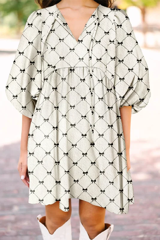 Blue Zone Planet | White Sweet Bow Print Lantern Sleeve Mini Dress Elegant Satin Lace Mini Dress Blue Zone Planet | White Sweet Bow Print Lantern Sleeve Mini Dress Elegant Satin Lace Mini Dress