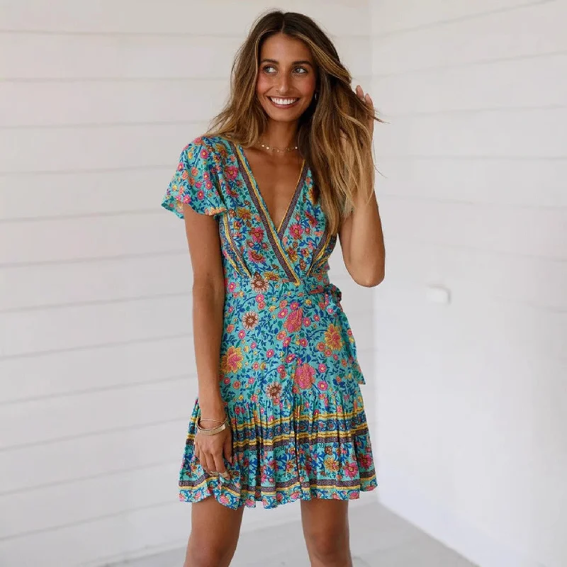 Wrap Mini Dress, Boho Sundress,Floral Print Stylish Summer Mini Dress
