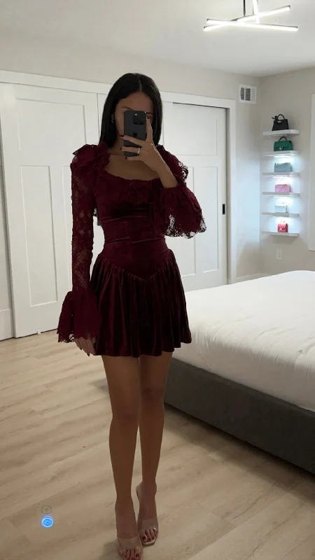 Yachira Burgundy Velvet Lace Flare Sleeve Mini Dress Fashionable Summer Mini Dress