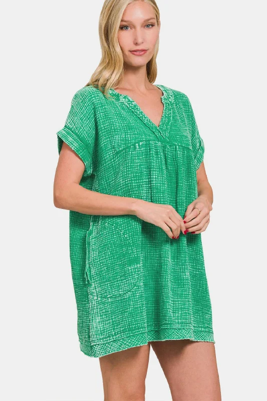Zenana Washed Notched Short Sleeve Mini Dress Cozy Ribbed Mini Dress