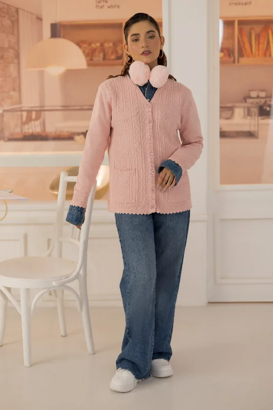 PINK-FULL SLEEVES V-NECK CARDIGAN SWEATER (24X-153-66) Zippered Front Buttoned Front Snap Front